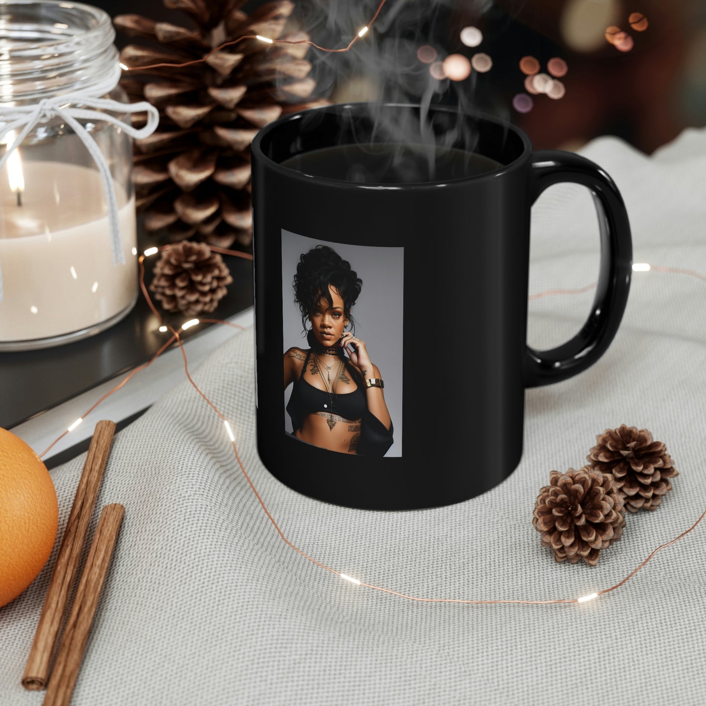 Rihanna Black Top Black Coffee Mug