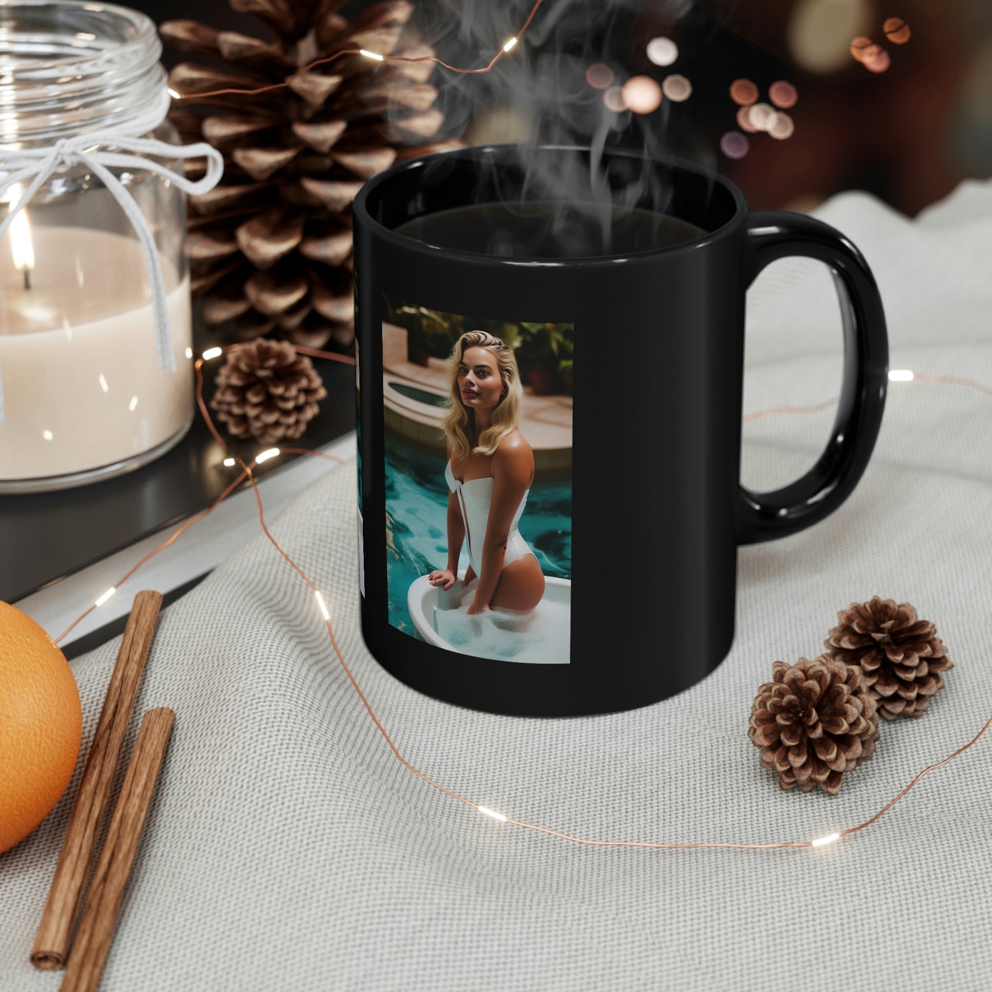 Margot Robbie Hot Tub Black Coffee Mug